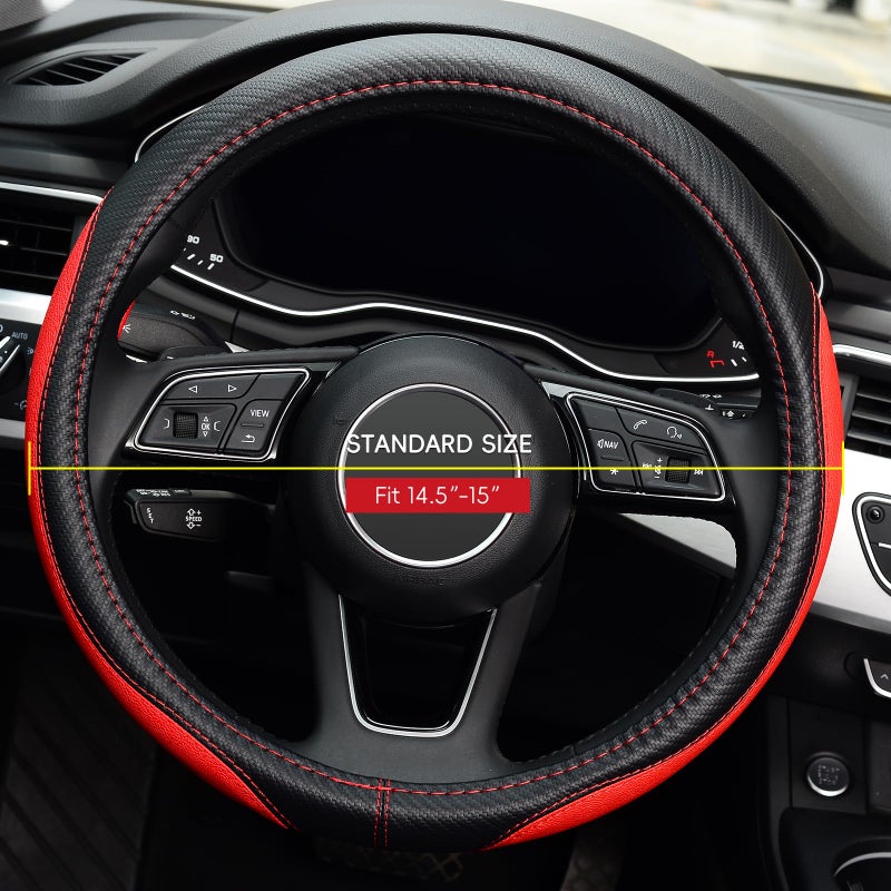 LABBYWAY Microfiber Leather Auto Car Steering Wheel Cover, Universal 15 Inch Anti-Slip Wheel Protector, Red - Image 2